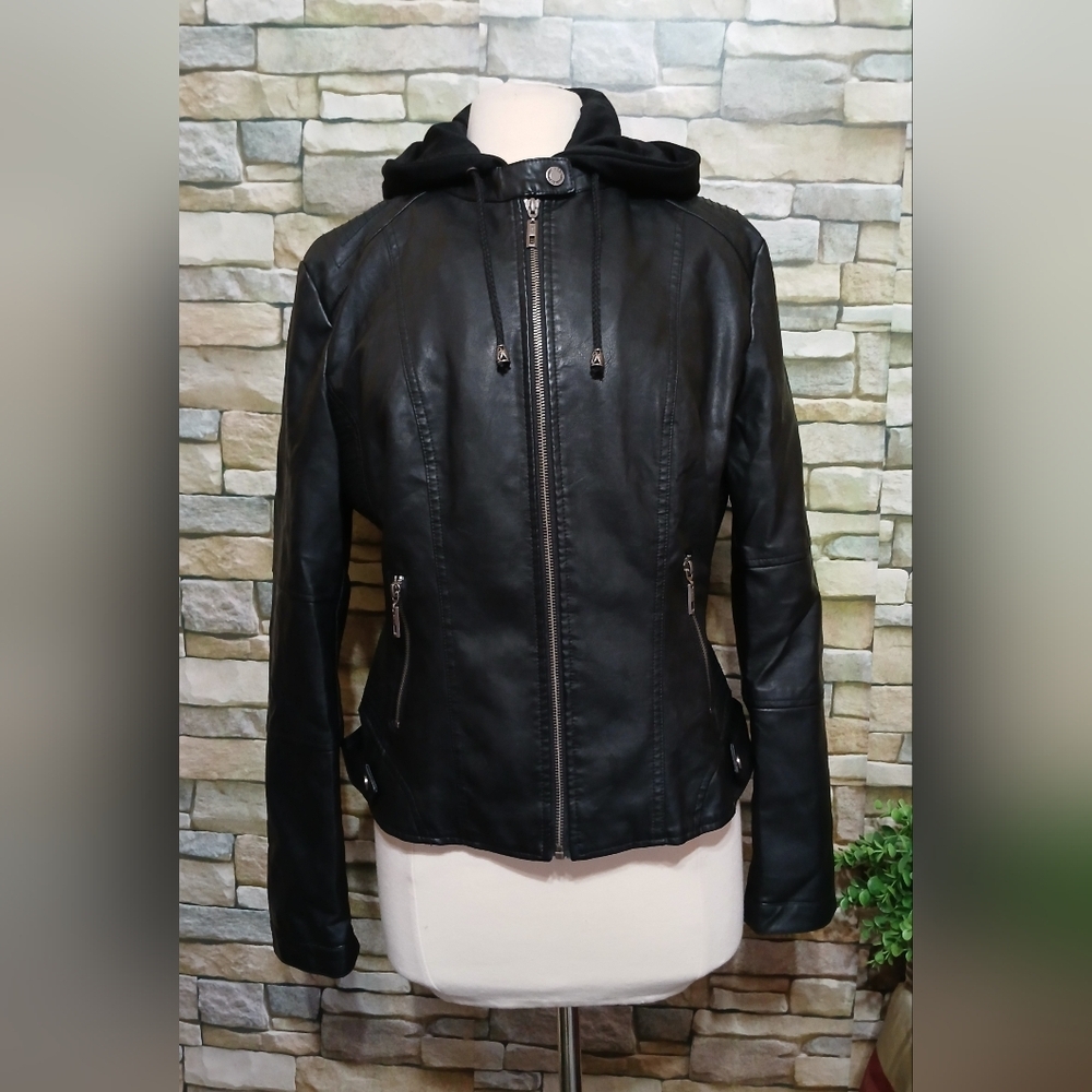 Made By Johnny Faux Leather Moto Jacket Removable Hood Insert - Picture 3 of 7